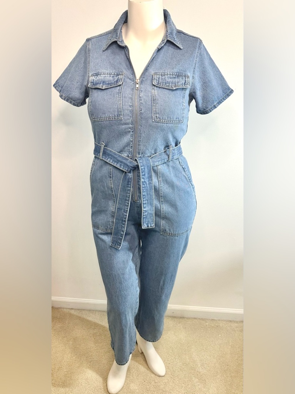 Kittenish Light Wash Denim Jumpsuit with Tie Waist Sz Lg Cottage Core Festival